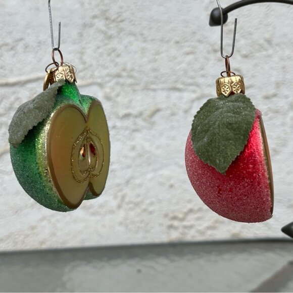 Vintage Dept. 56 Blown Glass "Sugared" Half Apple Ornaments Set of 2 - Picture 2 of 13